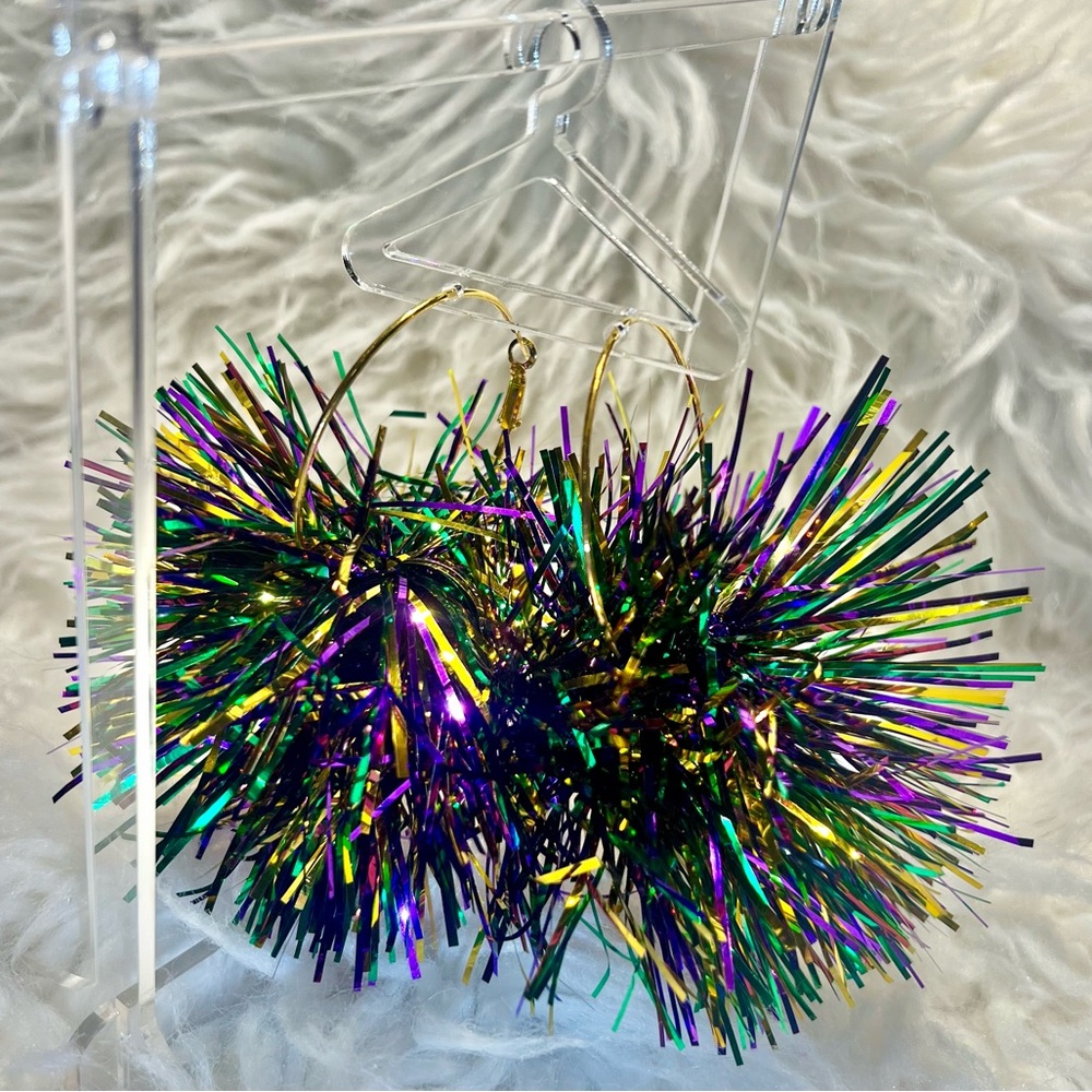 Mardi Gras Metallic Pom Pom Gold Hoop Earrings